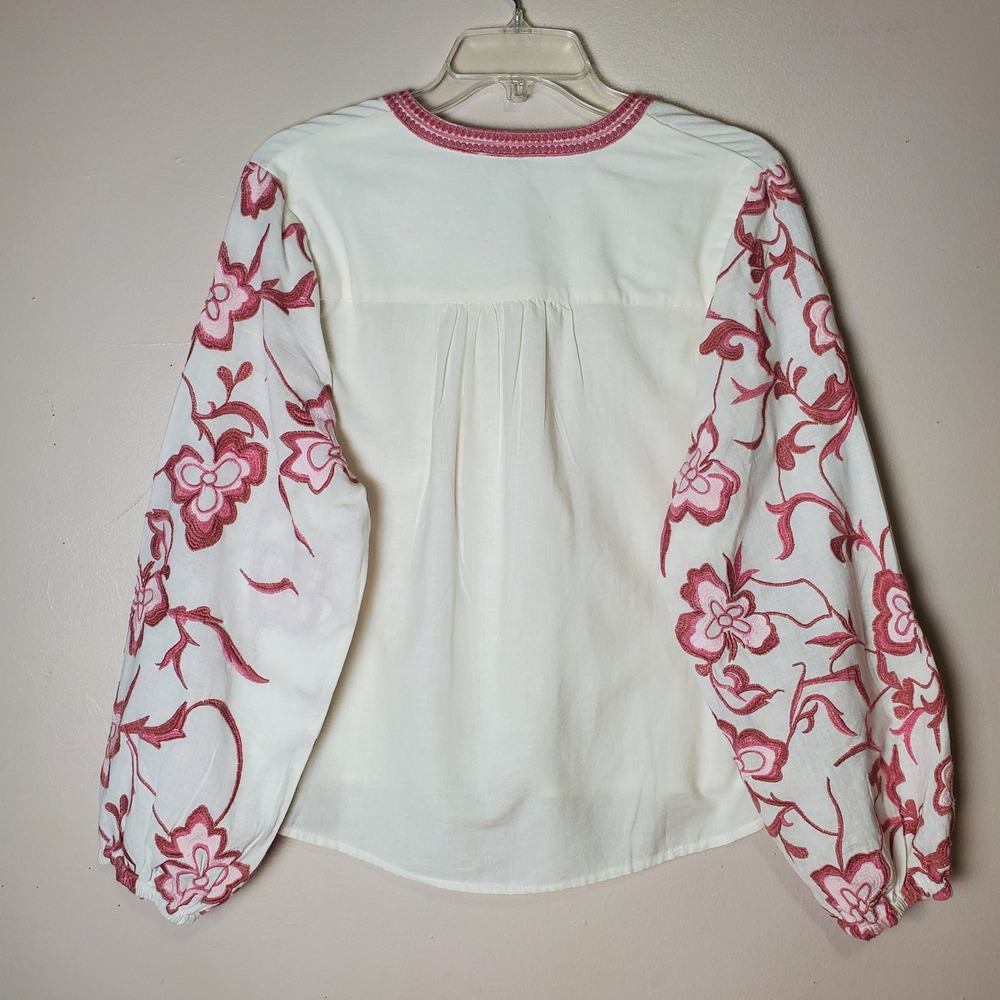 Calypso St Barth  Women's Large Embroidered Balloon Sleeves Pink White‎ Floral - Picture 2 of 10